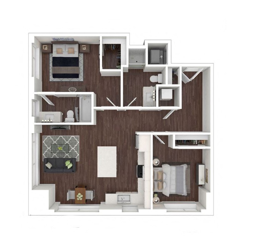 Floor plan for 2 beds, 2 baths, 1002 sqft